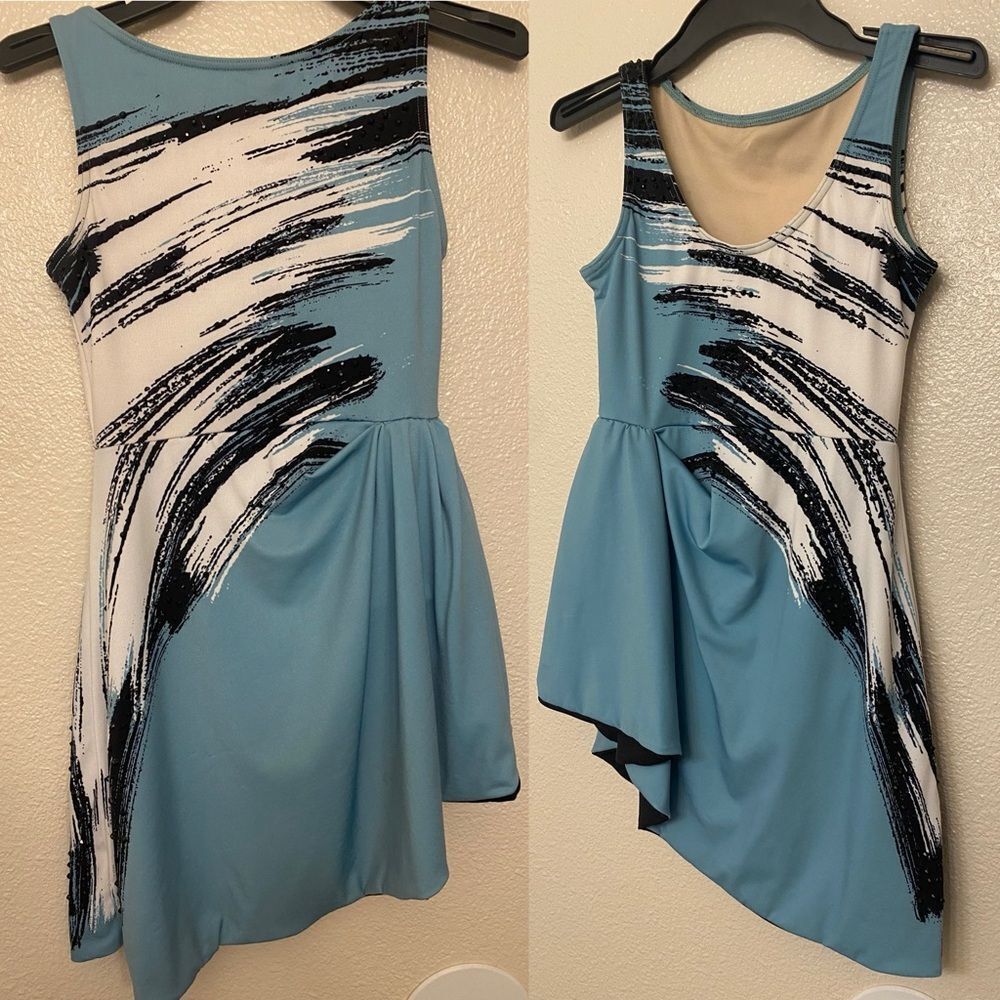 WEISSMAN solo custom Dance Costume blue black brushed leotard dress LC child